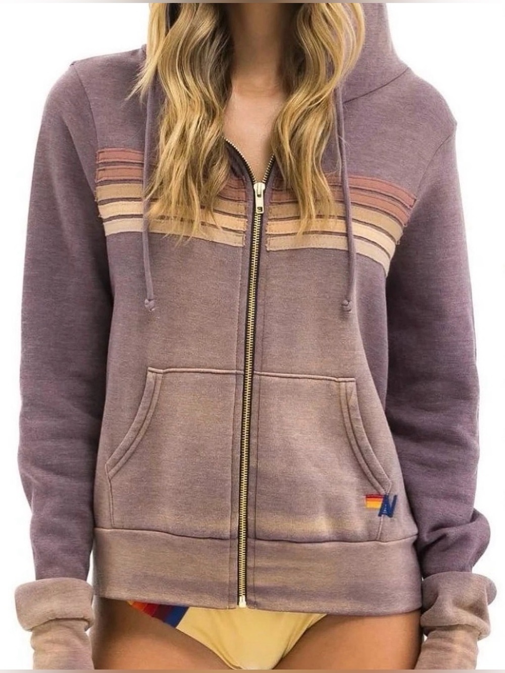 Aviator Nation 5 Stripe Zip Hoodie Faded Mocha L